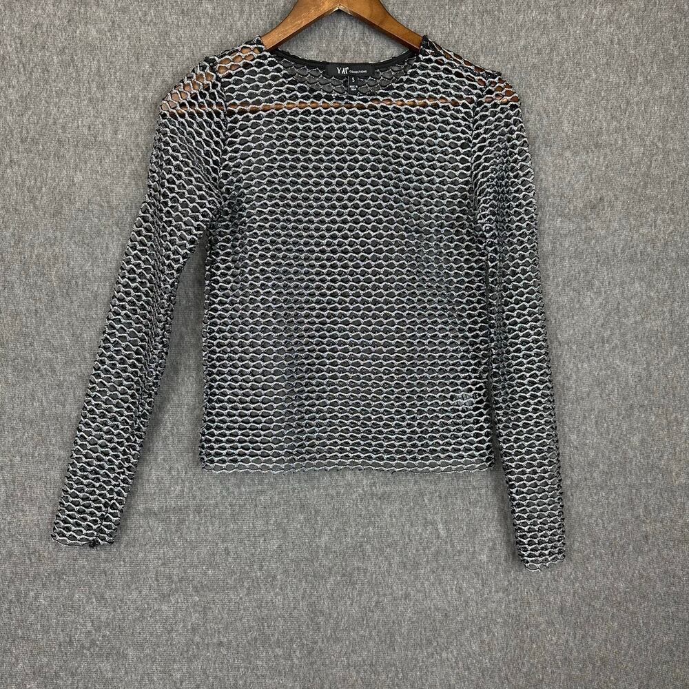 YMI Chunky Fishnet Y2K Inspired Top Sz S Metallic Black Punk Rock Grunge